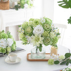 4 Pcs Mixed Artificial Flowers Set, Small Artificial Peony Bouquet Fake Rose Flower Silk Floral Arrangements for Table Centerpiece Home Wedding Party Bridal Decoration(Green, 2 Bouquets & 2 Stems)
