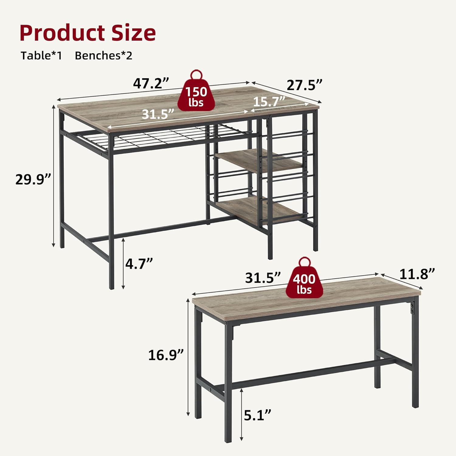 Garvee Dining Table Set for 4, Kitchen Table Set for 4 with 2 Benches, 3 Piece Dining Room Table Set for Small Space Apartment, Grey