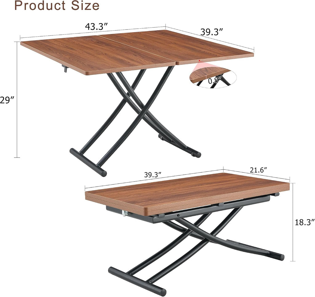 Space Saving Folding Dining Table, Adjustable Height Foldable Coffee Table with Wooden Tabletop and Metal Legs, Small Transformer Kitchen Table for Living Room, Dining Room, Apartment