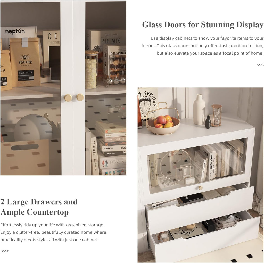 Easyego 63‘’Storage Cabinet,Sideboard Buffet Cabinet with Glass Doors and Drawers,Modern Wood Coffee Bar for Kitchen, Living Room,Dining Room，Entryway (White)