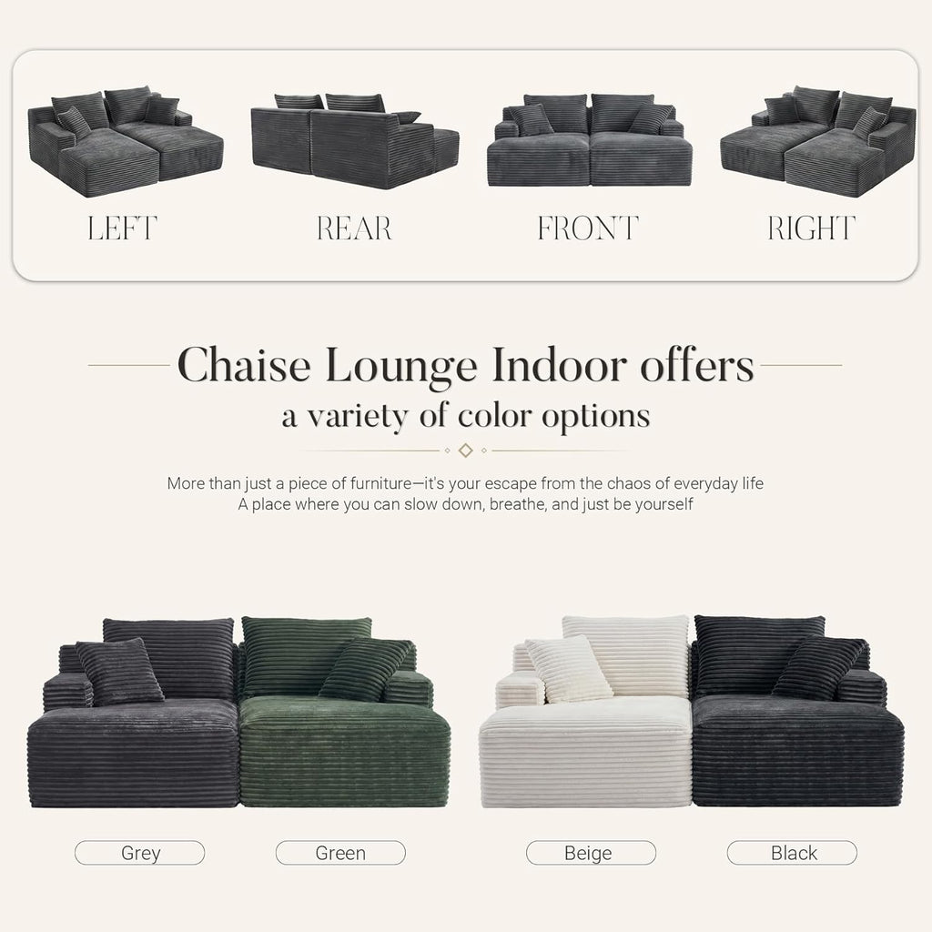 80" Boneless Chaise Lounge Chair Indoor, Double Chaise Lounge Chairs Indoor,Boneless Loveseat Chairs with Comfort Corduroy, No Assembly Required/40D Memory Foam/Living Room/Bedroom (Grey)