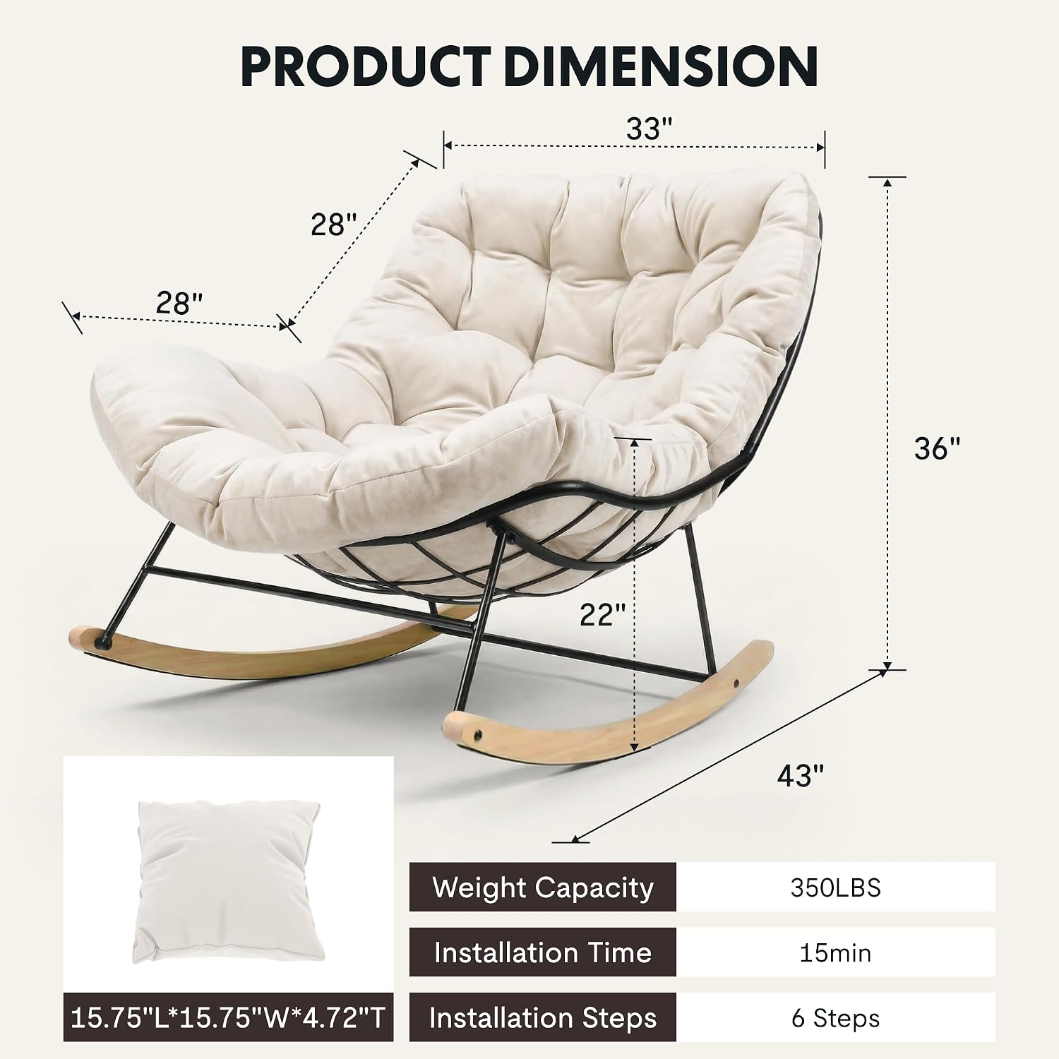 FLEXISPOT Oversized Outdoor Rocking Chair with Thick Cushioned Seat & Bonus Pillow Modern Patio Papasan Rocker Lounge Chair with Metal Frame Wood Base Accent Chair for Porch Balcony Living Room Beige