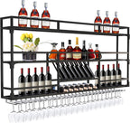 47in Wall Mounted Wine Rack with LED Lights, 3-Tier Heavy Duty Metal Wine Bottle Display Shelf w/Hanging Rack, Wall-Mounted Wine Storage Organizer for Home/Bar/Cafe (B-BLACK, 47.2 * 10 * 35.5IN)
