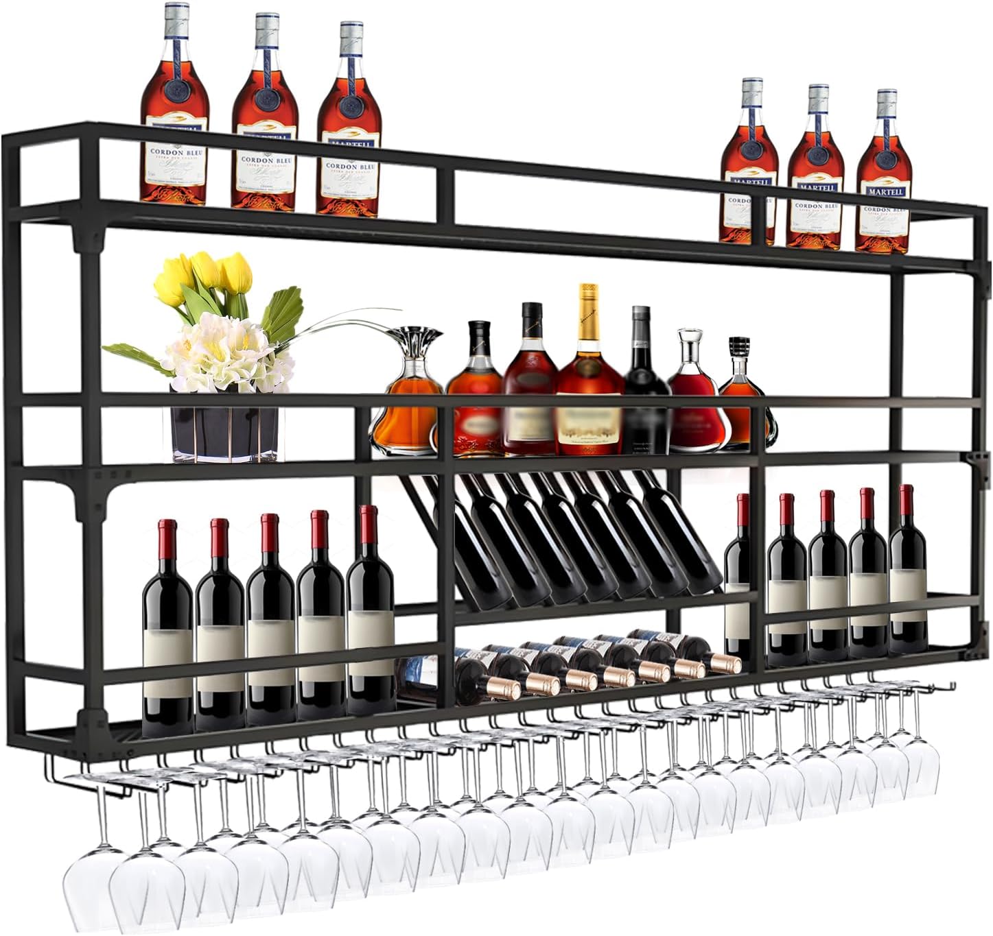 47in Wall Mounted Wine Rack with LED Lights, 3-Tier Heavy Duty Metal Wine Bottle Display Shelf w/Hanging Rack, Wall-Mounted Wine Storage Organizer for Home/Bar/Cafe (B-BLACK, 47.2 * 10 * 35.5IN)