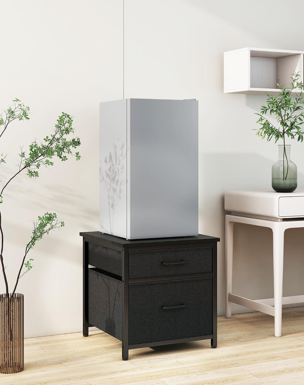 YMYNY Mini Fridge Stand with Storage, Mini Fridge Cabinet with Fabric drawers, 250lbs Heavy-Duty Compact Refrigerator Table, Coffee Bar Shelf, for Home, Office, Bedroom, Black HBR008B