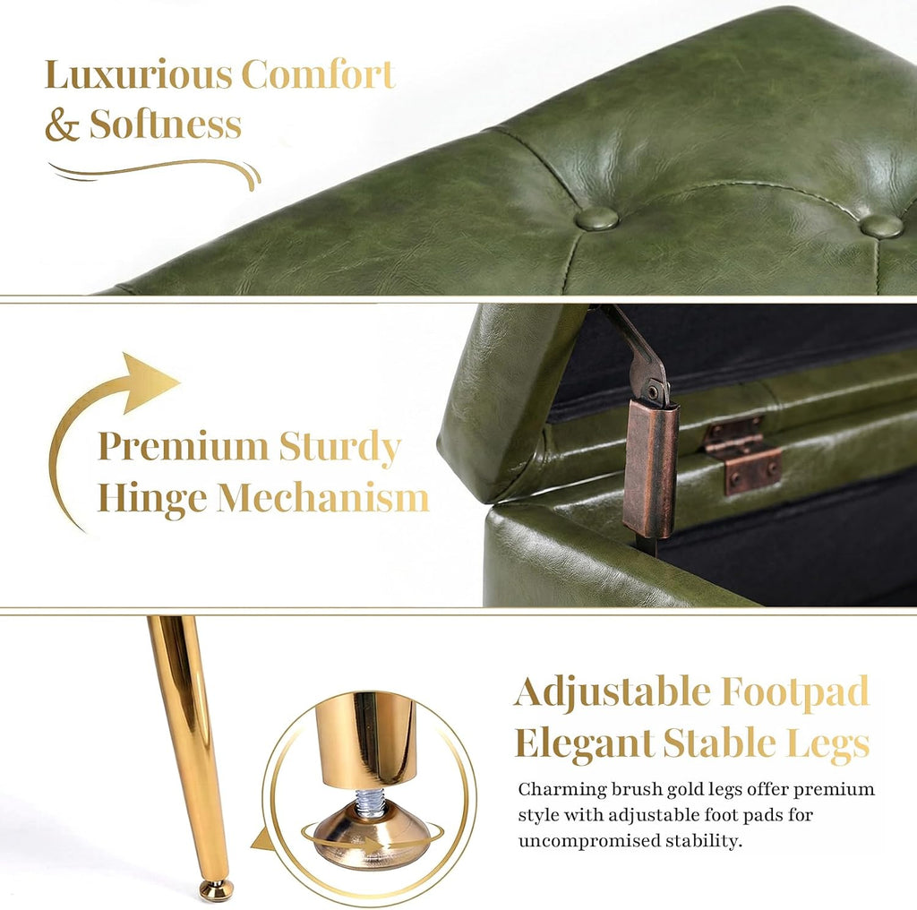 SNOWDROP 40" Upholstered Storage Bench – Vintage Olive Green End of Bed Bench with Gold Metal Legs, Button-Tufted Modern Faux Leather Ottoman Bench for Bedroom, Entryway & Living Room