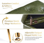 SNOWDROP 40" Upholstered Storage Bench – Vintage Olive Green End of Bed Bench with Gold Metal Legs, Button-Tufted Modern Faux Leather Ottoman Bench for Bedroom, Entryway & Living Room