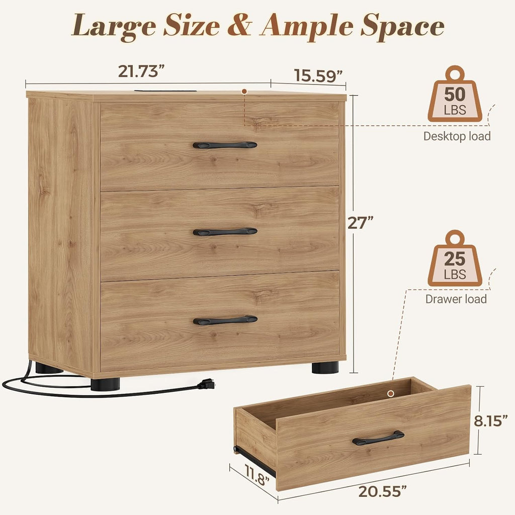 Aheaplus Night Stand with Charger Station, 21.7'' Wider Nightstands with 3 Wooden Drawers, Large Bedside Table, Modern Tall End Side Table, Nightstand for Bedroom, Natural Oak1