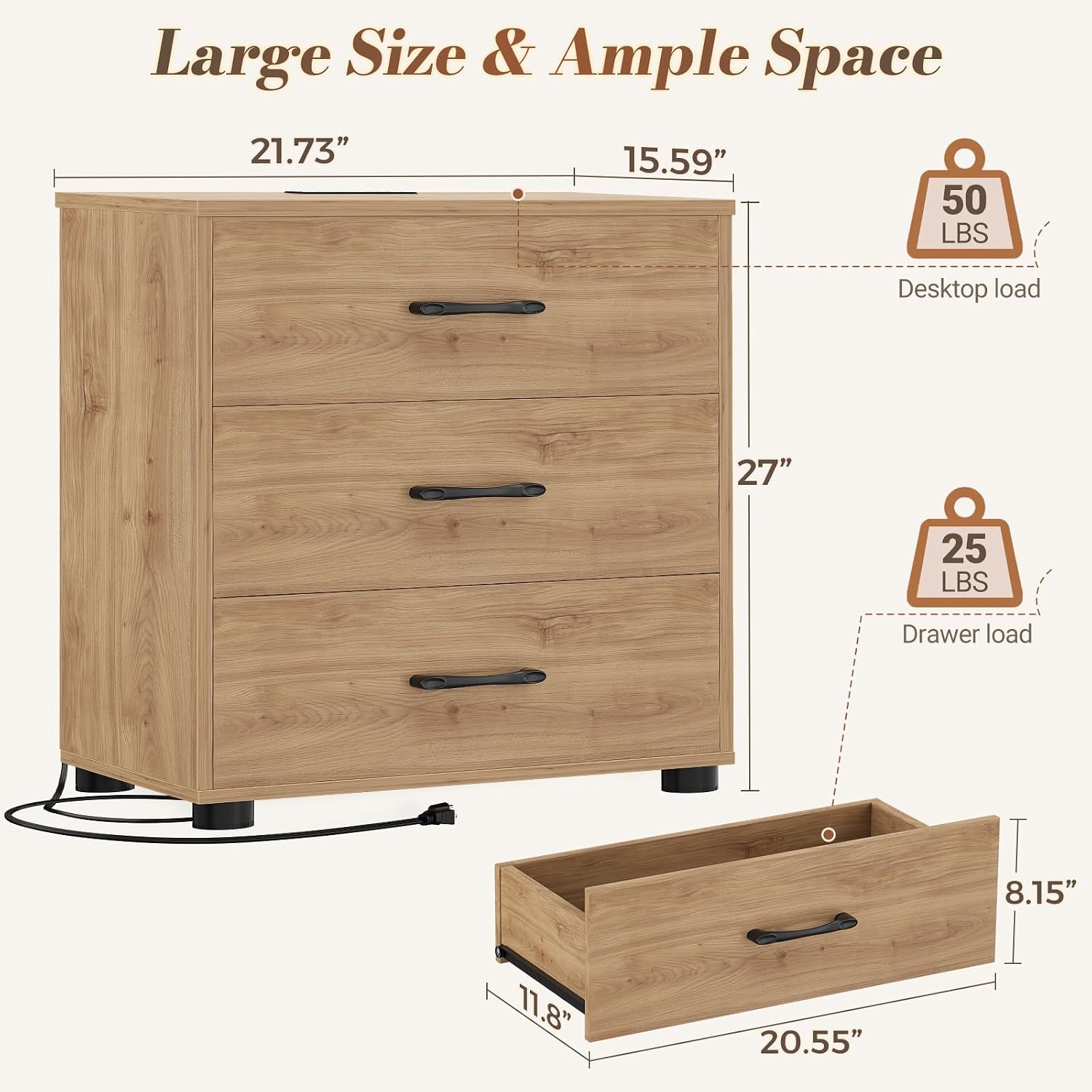 Aheaplus Night Stand with Charger Station, 21.7'' Wider Nightstands with 3 Wooden Drawers, Large Bedside Table, Modern Tall End Side Table, Nightstand for Bedroom, Natural Oak1