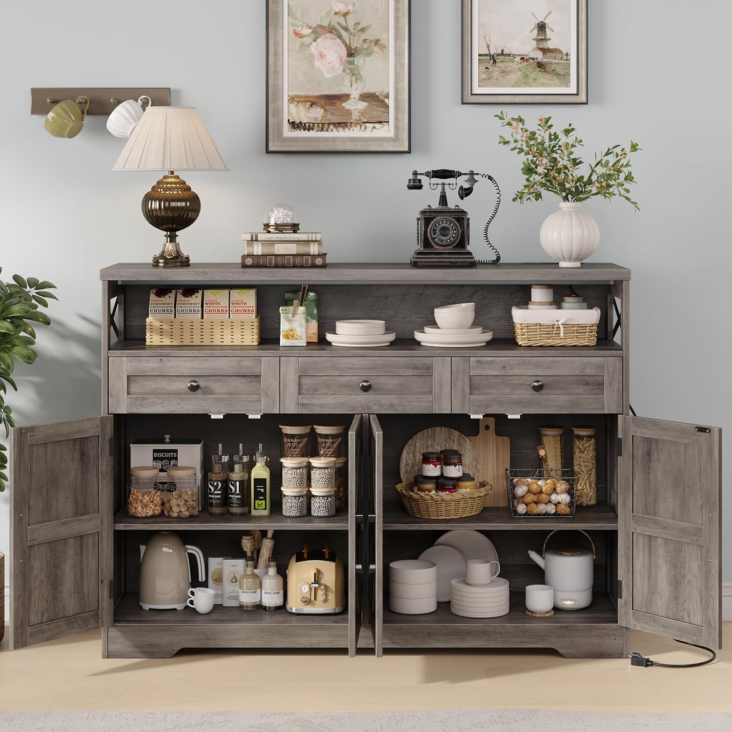 Befrases Farmhouse Sideboard Buffet Cabinet, Barn Doors Storage Cabinet with Drawers and Open Shelf, 47.2'' Wood Coffee Bar Microwave Station for Kitchen, Living Room, Hallway, Grey