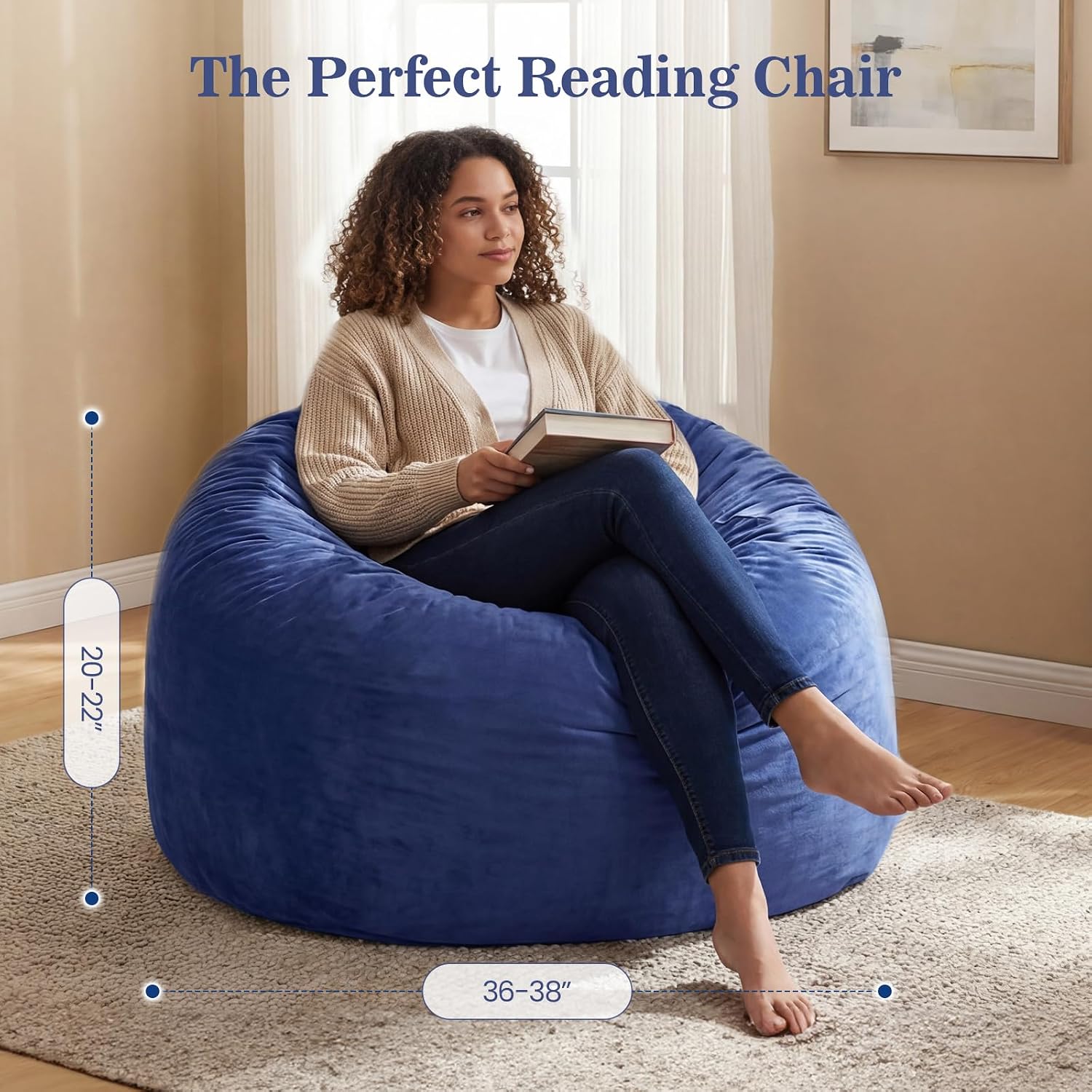 ACH Bean Bag Chair for Adults and Teens - 3ft Memory Foam Floor Chair, Perfect for Dorms, Gaming & Relaxing, Machine Washable Velvet Cover (Blue-Medium)