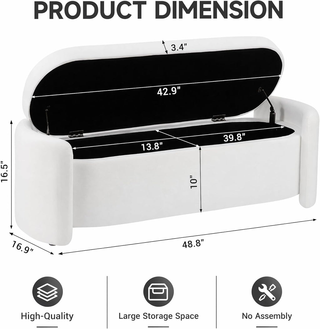 48.8" Modern Velvet Storage Ottoman Bench, Upholstered Fabric Storage Bench for Bedroom End of Bed, Large Oval Storage Ottoman for Living Room Entryway Hallway, White