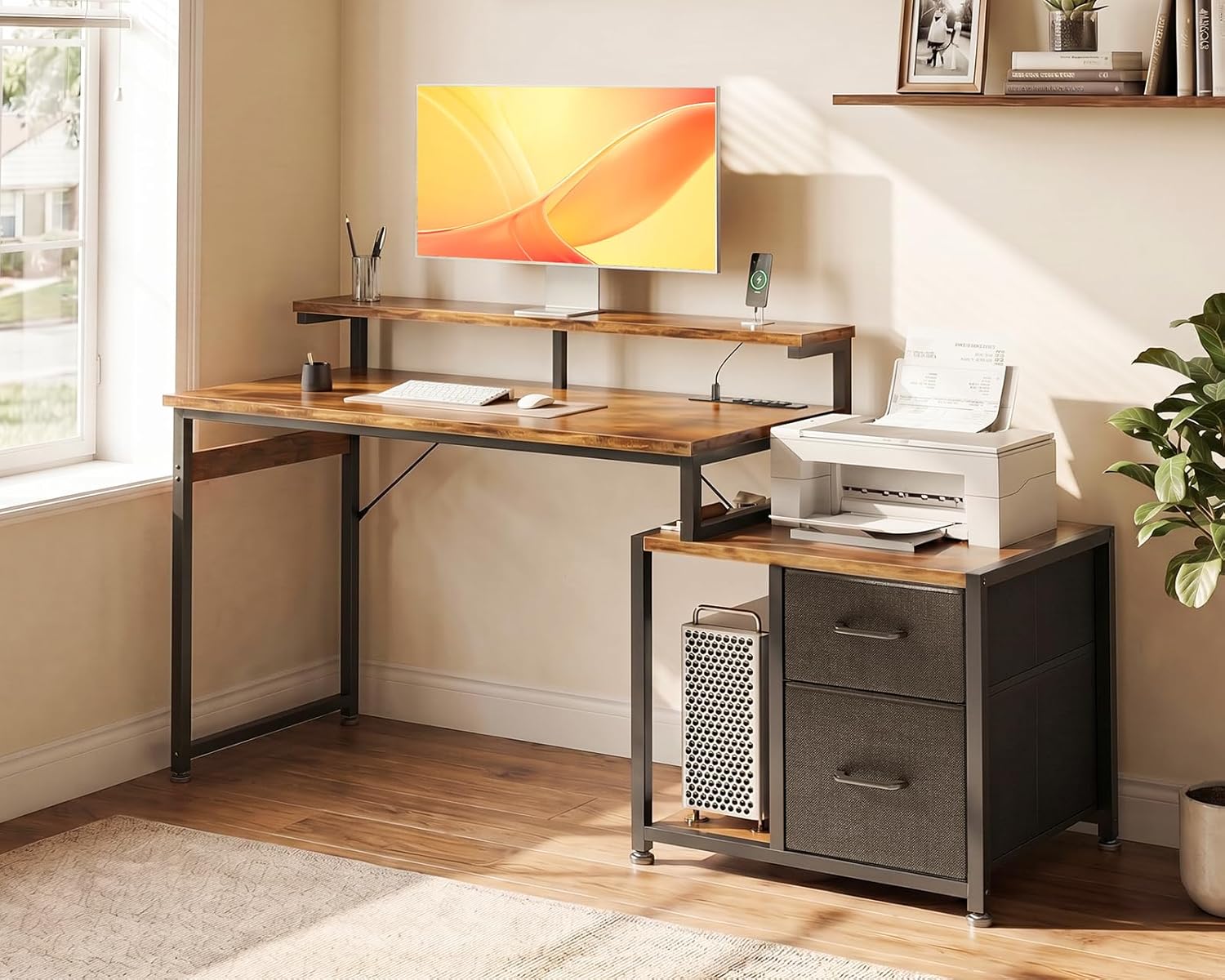 AODK Computer Desk with Printer Storage Shelf, 56 Inch Office Desk with Drawers & Power Outlet, Reversible Desk Space-Saving Workstation with Individual PC Stand, Rustic Brown