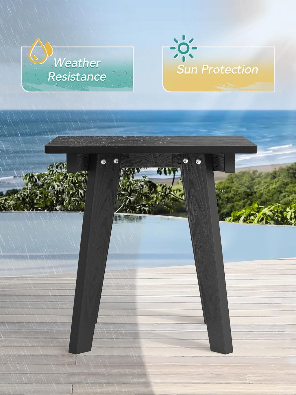 Outdoor Side Table, HDPE Weather Resistant Small Patio Table for Porch and Balcony, 200 LBS Capacity Heavy Duty Small Outdoor Table for Backyard and Pool, Easy Maintenance, Black