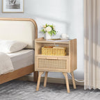 Lerliuo Rattan Nightstand with Charging Station, Boho Night Stand | Side Table with Drawer Open Shelf, Cane Accent Bedside End Table for Bedroom, Dorm and Small Spaces