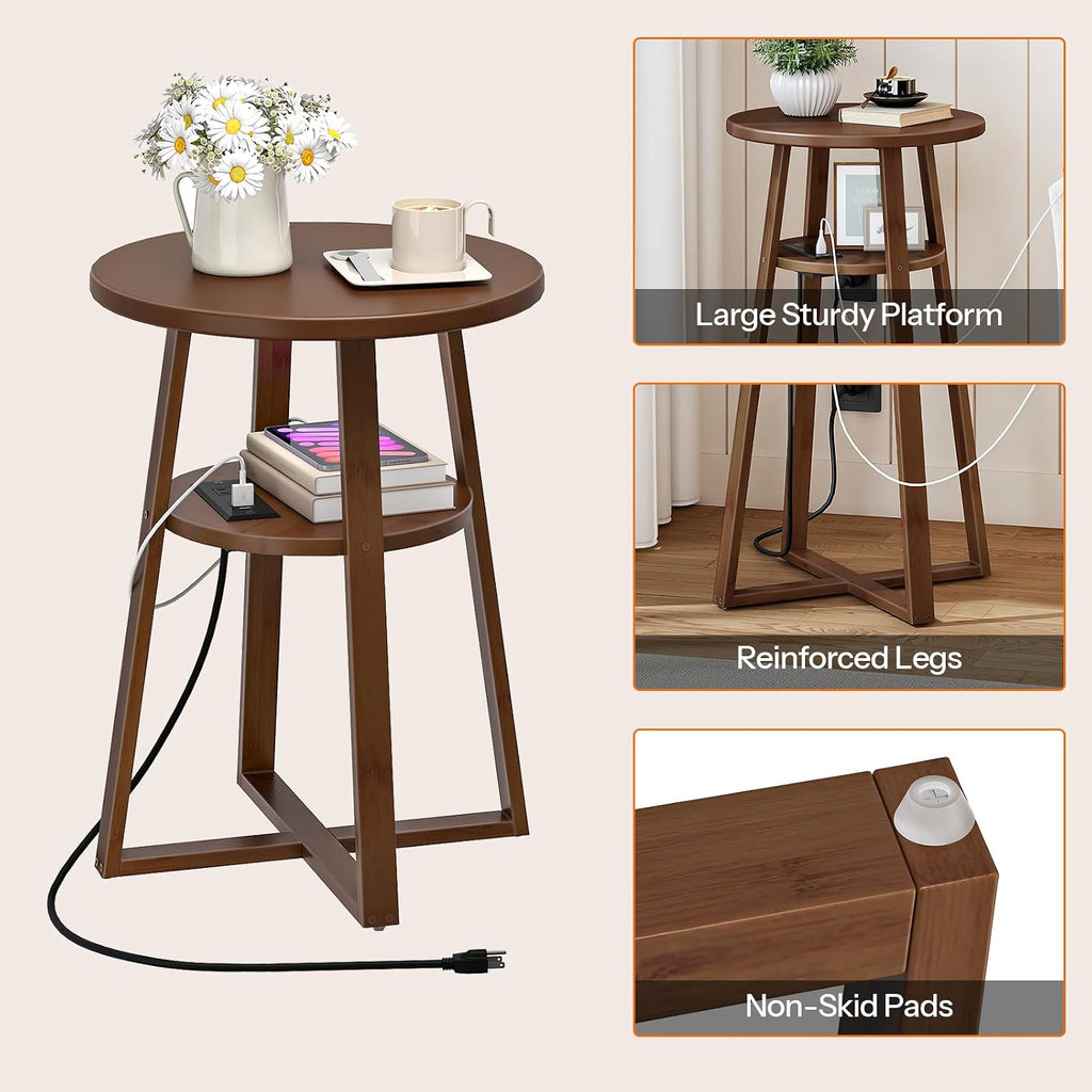 HOOBRO Round Side Table with Charging Station, Round Accent End Table with Bamboo Legs for Living Room, Bedroom, Brown, BR101UBZ01