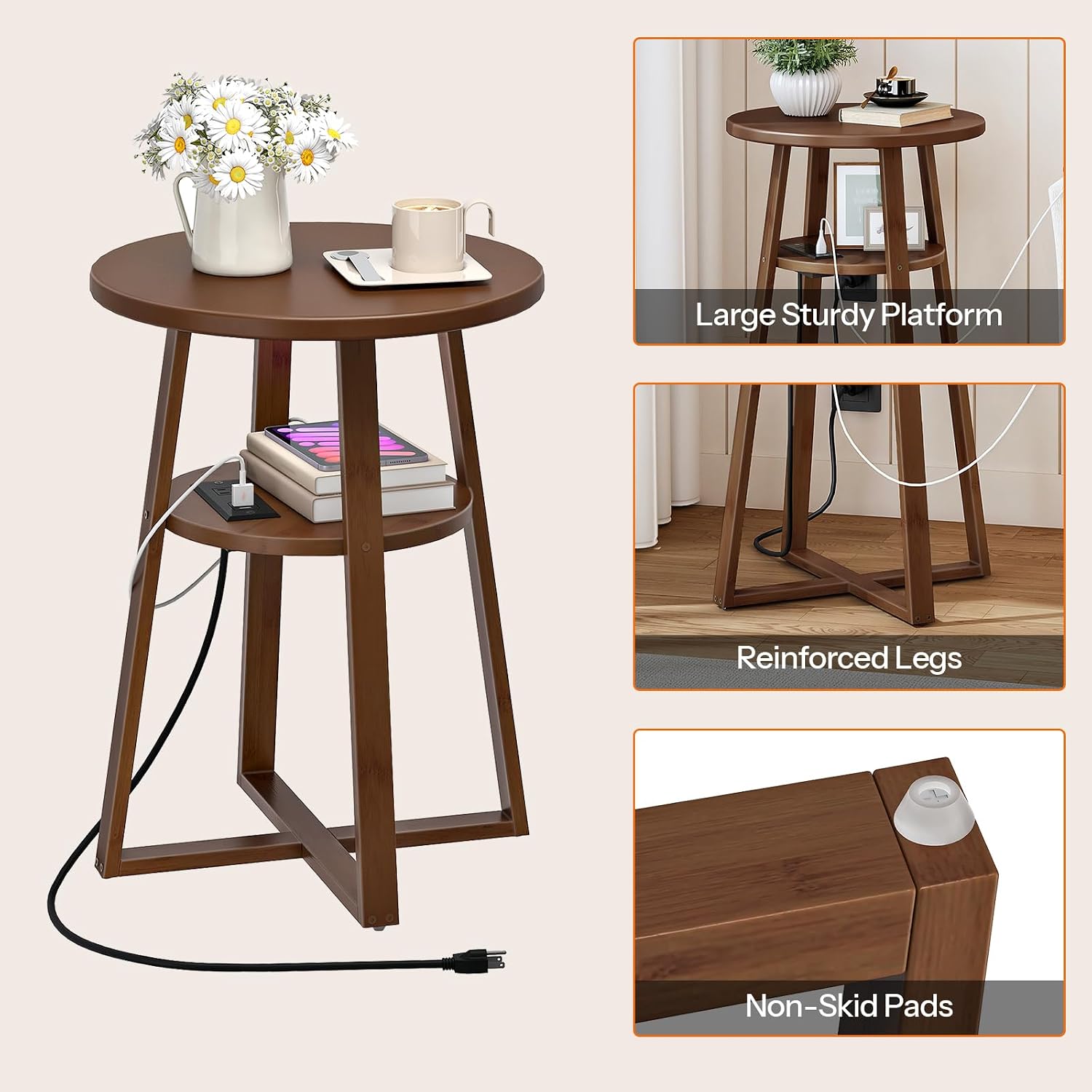 HOOBRO Round Side Table with Charging Station, Round Accent End Table with Bamboo Legs for Living Room, Bedroom, Brown, BR101UBZ01