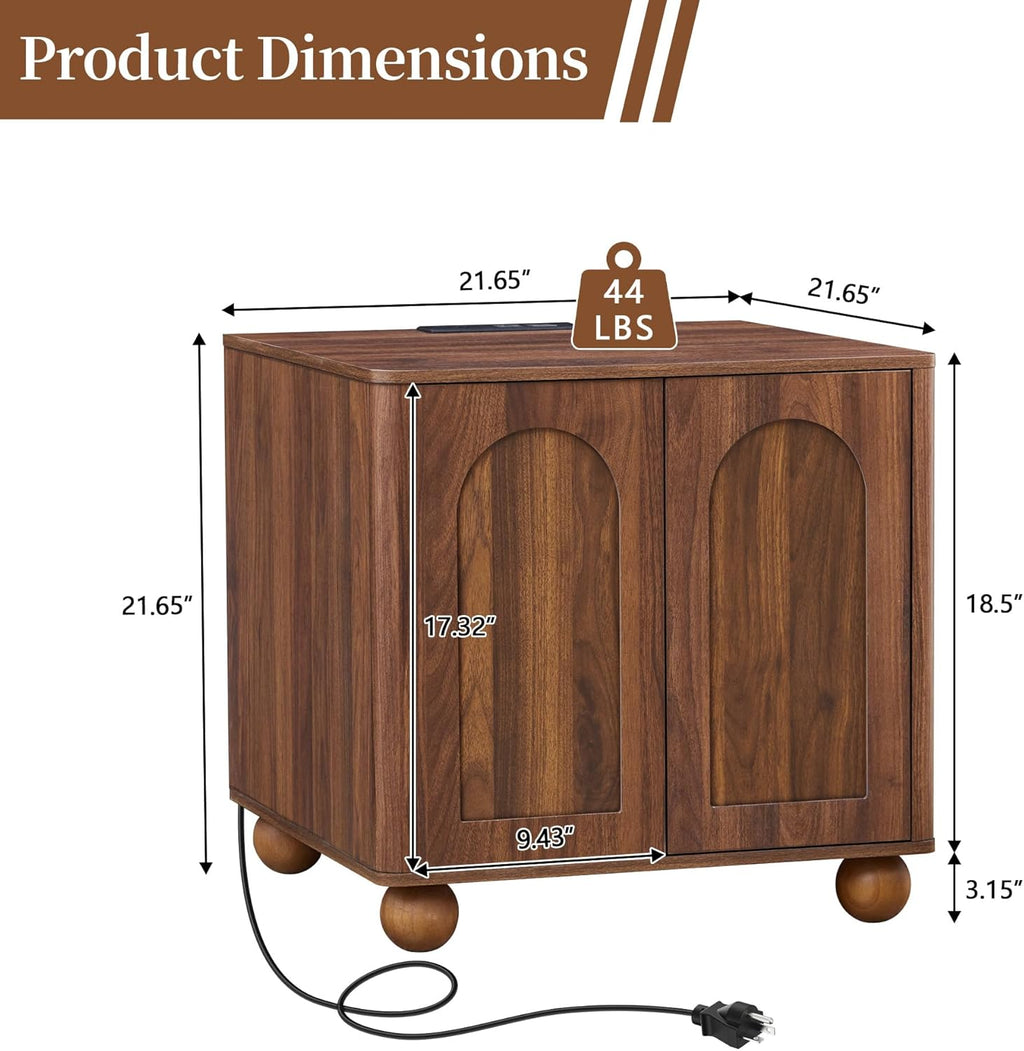 Bed Side Table with Charging Station, Mid Century Modern Nightstand with 2 Doors, Square End Table with Storage for Couch, Living Room, Small Spaces, Sofa Side Table for Office, Dorm, Walnut