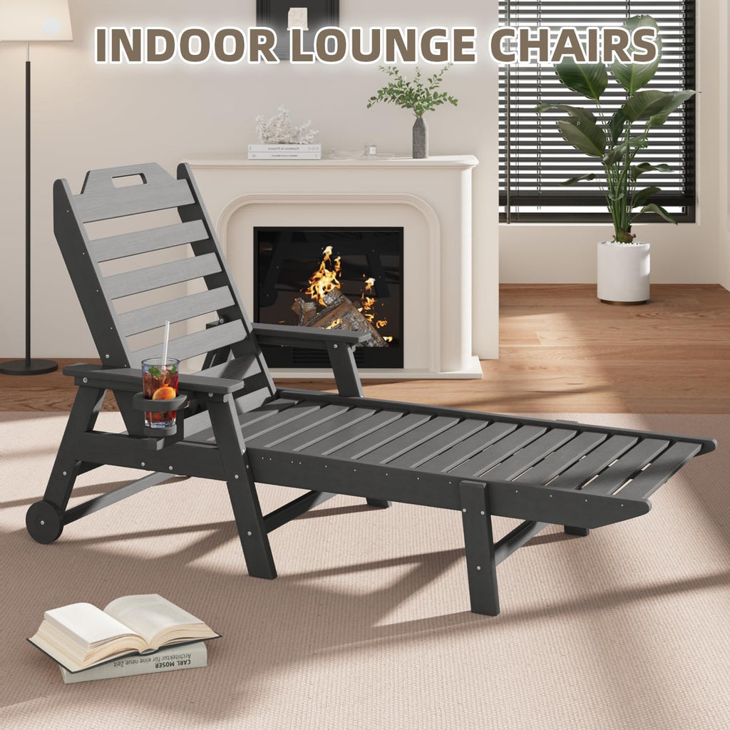 Mdeam 6-Position Pool Outdoor Lounge Chairs Set of 2, 22" W Oversized Adjustable Chaise Lounger 500LBS Capacity, HDPE Furniture Tanning Chair with Wheels & Cup Holder for Outside Patio Deck, Dark Grey