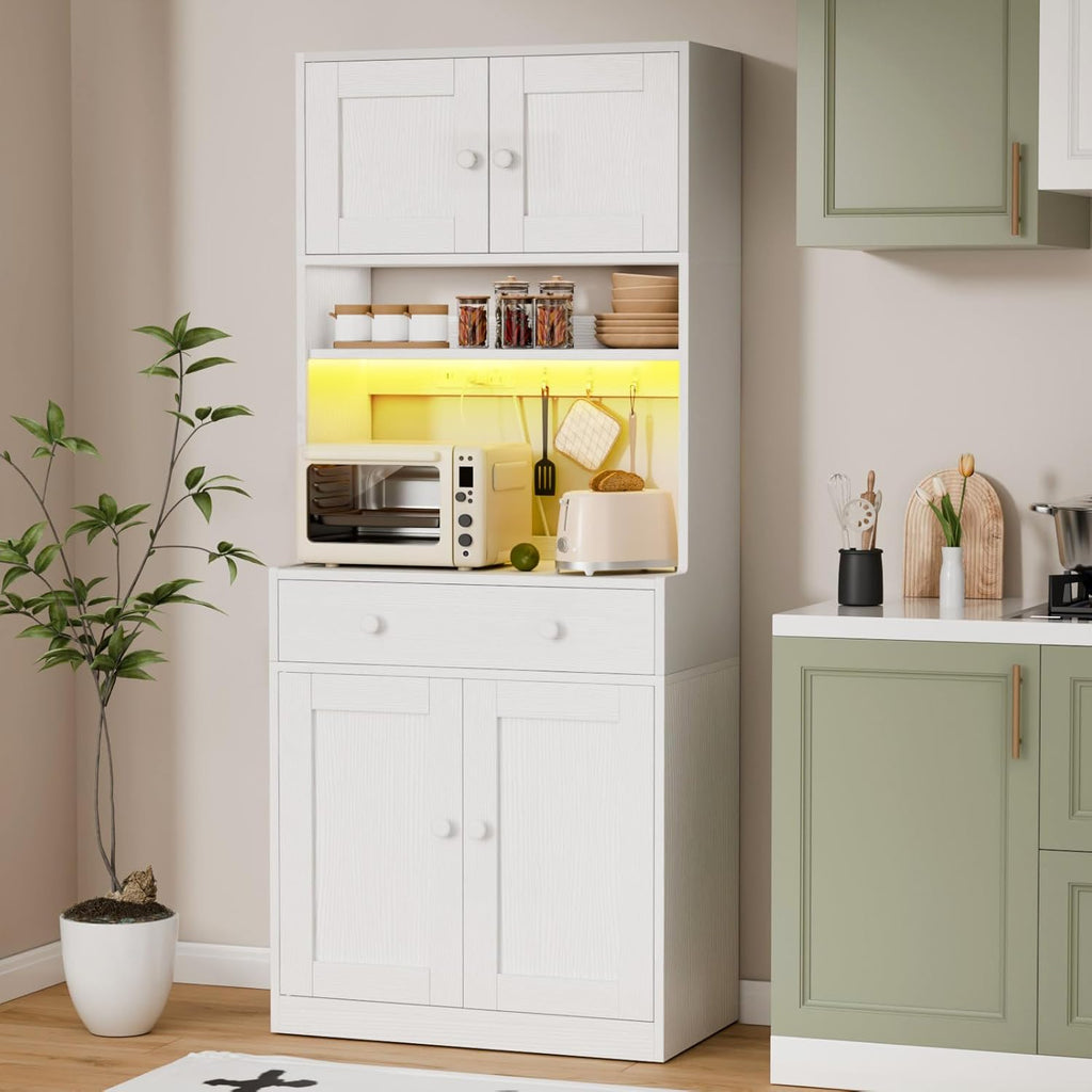 Korfile 71" Tall Kitchen Pantry Storage Cabinet with Power Outlet & LED Light, Freestanding Food Pantry Cabinet with 4 Doors and Shelves, Cupboard with Drawer, Hutch with Microwave Stand, White