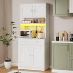 Korfile 71" Tall Kitchen Pantry Storage Cabinet with Power Outlet & LED Light, Freestanding Food Pantry Cabinet with 4 Doors and Shelves, Cupboard with Drawer, Hutch with Microwave Stand, White