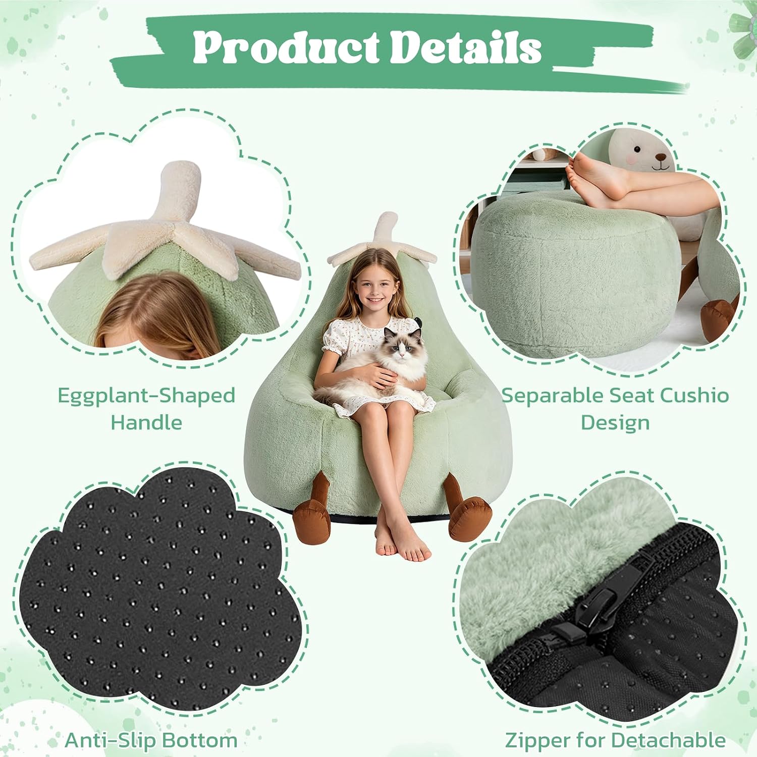 31 Inches Memory Foam Bean Bag Chair - Ultra Soft Faux Rabbit Fur Sofa with Handle & Machine Washable Cover, Comfy Lazy Chair for Kids Teens, Perfect for Reading Gaming in Living Room Bedroom，Green