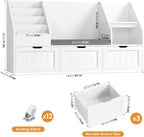FOTOSOK 55.1’’ Kids Bookshelf with Reading Nook, Toy Storage Organizer with Seat Cushion and 3 Movable Drawers, Kids Reading Nook Toy Organizers and Storage with Bench for Playroom, Bedroom, White