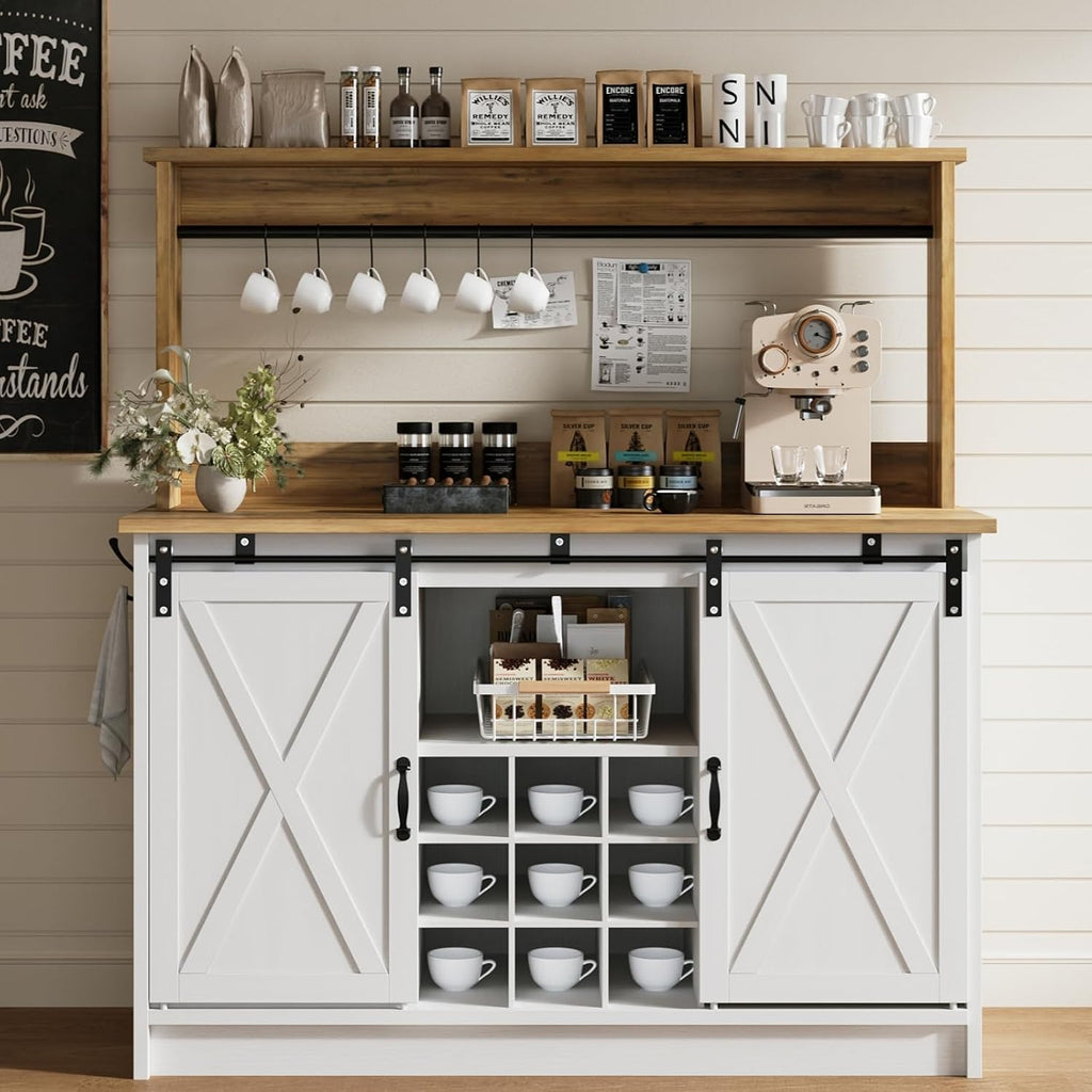 4ever2buy Farmhouse Coffee Bar with Hutch, Coffee Bar with Storage & 6 Hooks, 47 Inch Bar Cabinet with Sliding Barn Door and Adjustable Shelves for Living Room Kitchen, White