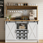 4ever2buy Farmhouse Coffee Bar with Hutch, Coffee Bar with Storage & 6 Hooks, 47 Inch Bar Cabinet with Sliding Barn Door and Adjustable Shelves for Living Room Kitchen, White