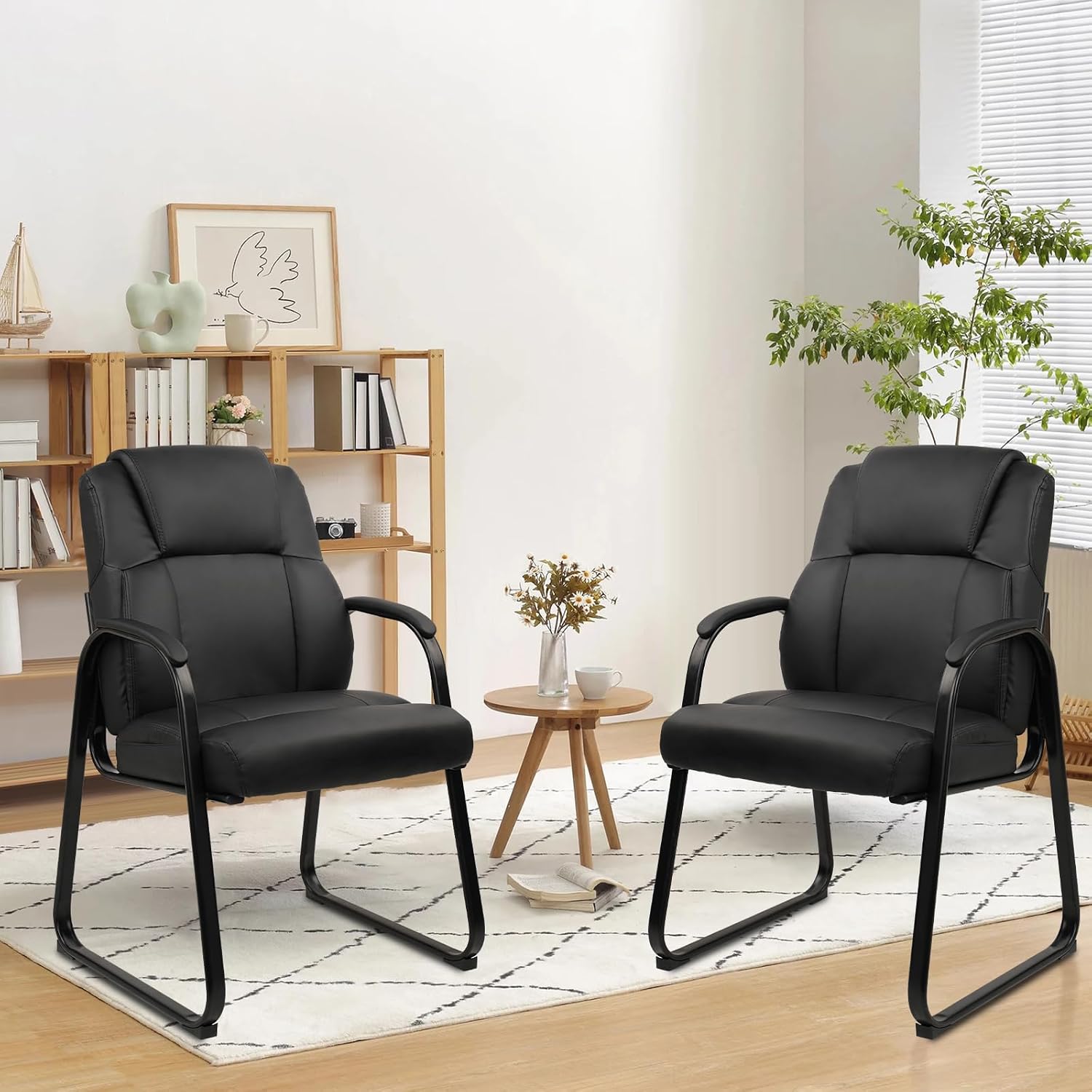 CLATINA Office Guest Chair Leather Reception Chair with Bonded Padded Arm Rest and Sled Base Desk Chair No Wheels for Reception Conference Waiting Room Side Office Home Set of 8 Black