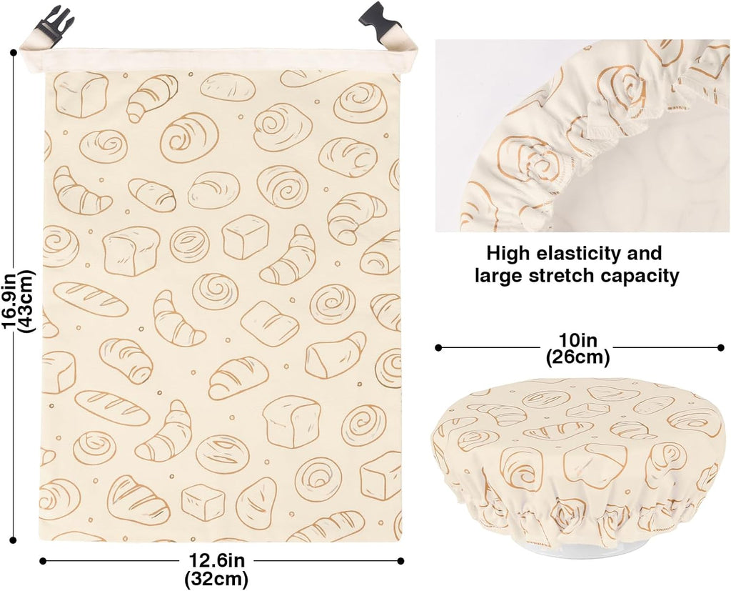 LAKE OF FIRE 16.9"x12.6" Reusable Bread Storage Bags for Homemade Bread with Reusable 2 Sourdough Proofing Covers,Food Cloth Bag Storage Box (Beige + Bread)