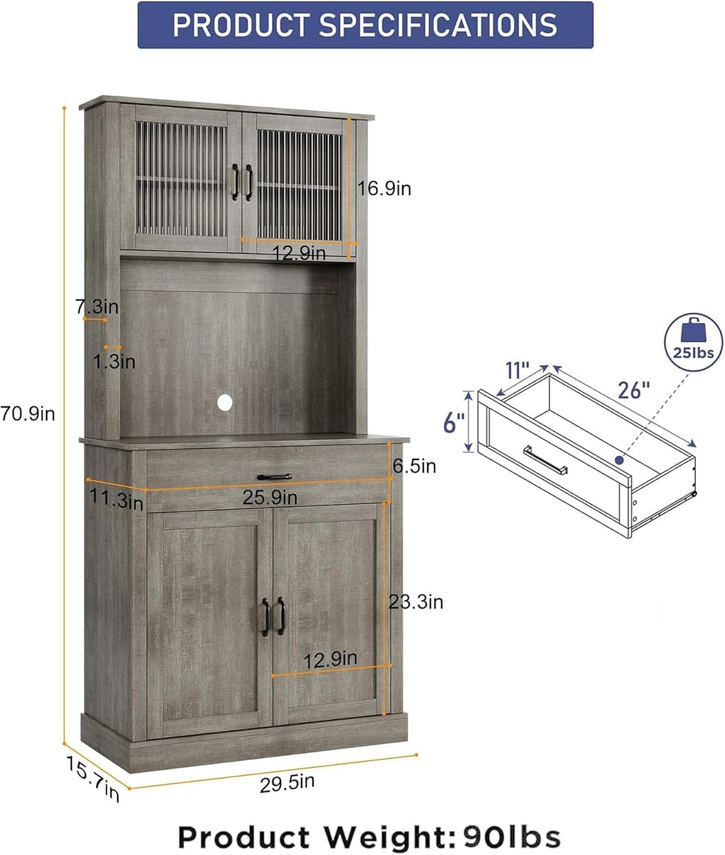 GarveeHome Kitchen Pantry Cabinet, 71 in Tall Kitchen Hutch Storage Pantry with Microwave Stand, Freestanding Buffet with Shelves and Glass Doors for Home Dining Room, Grey