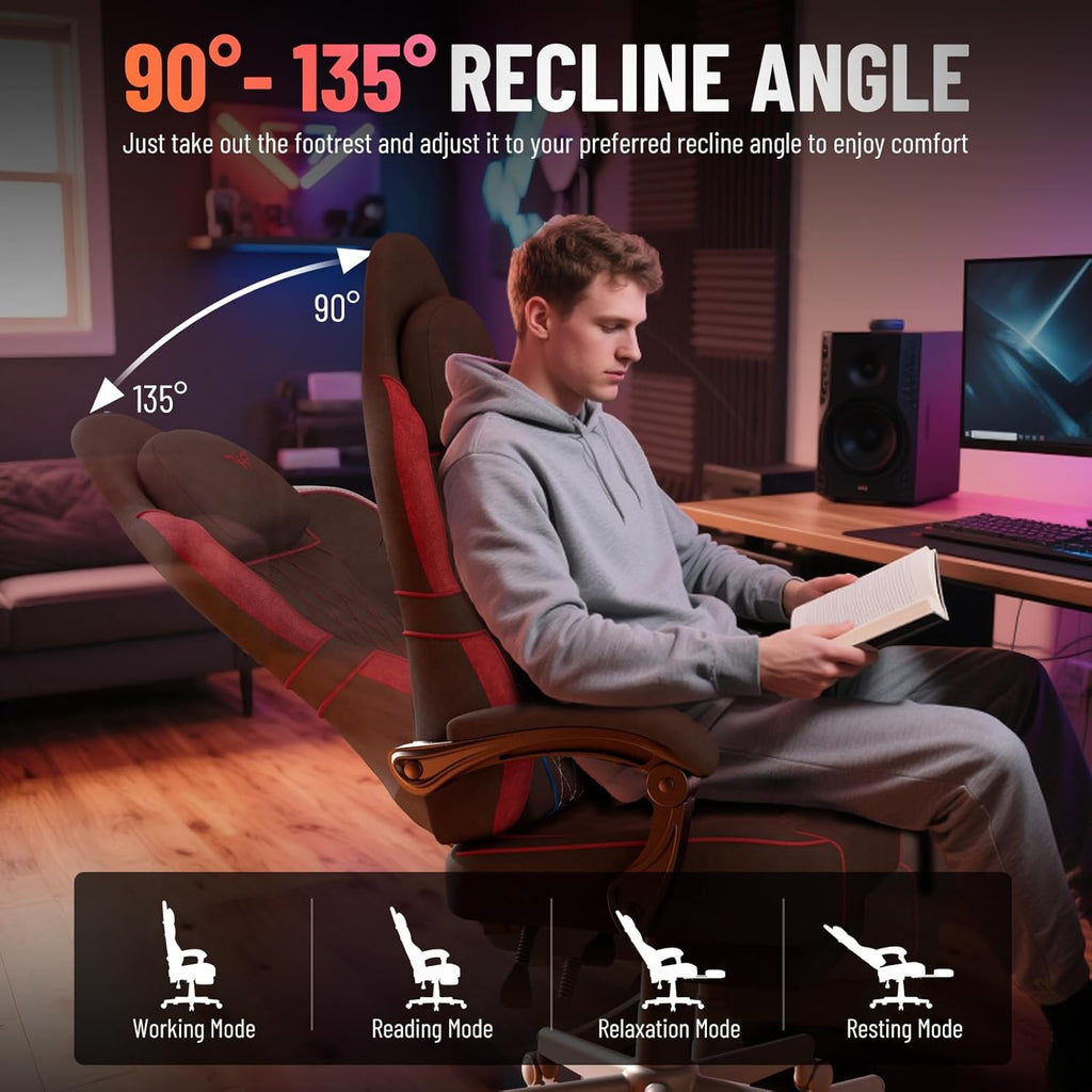 Ferghana Velvet Fabric Ergonomic Gaming Chair with Footrest and Linkage Armrest, High Back Computer Game Chair with Massage Lumbar Support for Adult(Black/Red)