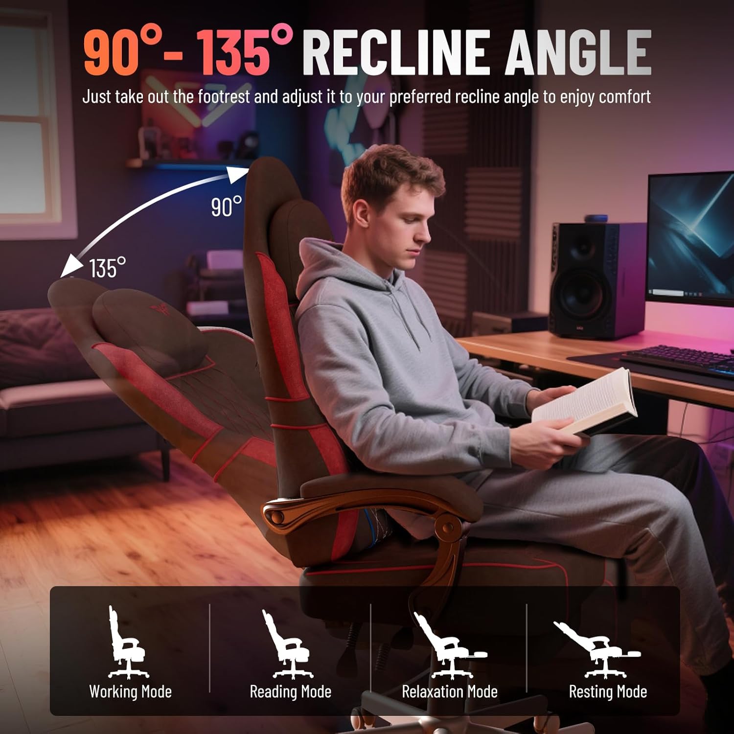 Ferghana Velvet Fabric Ergonomic Gaming Chair with Footrest and Linkage Armrest, High Back Computer Game Chair with Massage Lumbar Support for Adult(Black/Red)