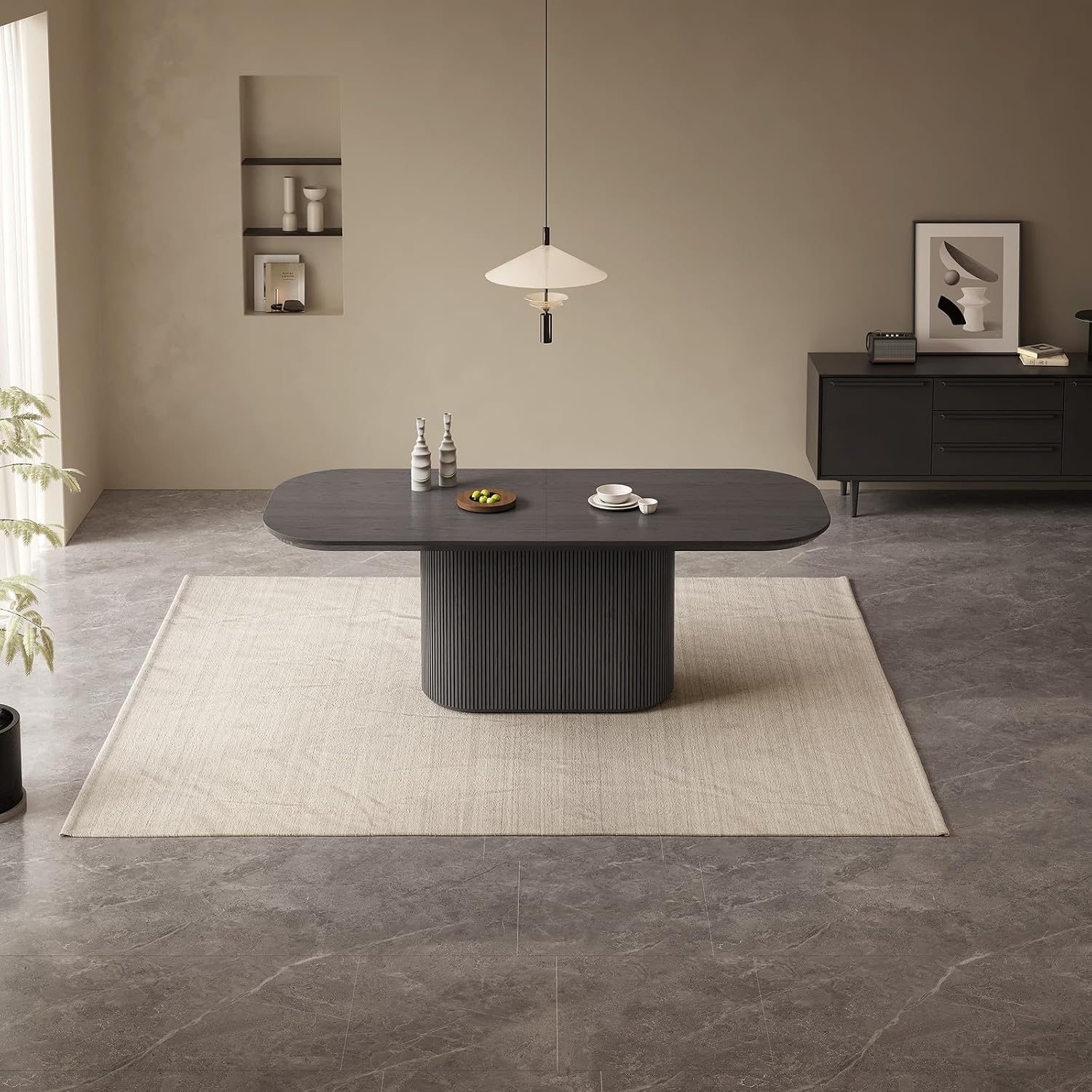 86" Oval Dining Table, Modern Black Kitchen Table, Luxury Rectangular Round Edge Dinner Table, Dining Table for Kitchen, Living Room