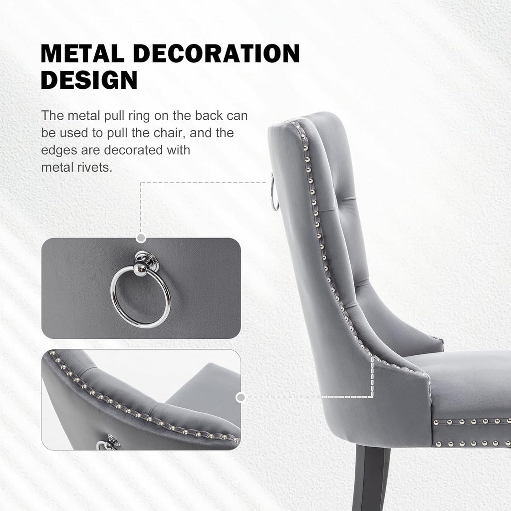 Hixkol Velvet Dining Chairs Set of 4,Upholstered Dining Chairs with Ring Pull Trim and Button Back,Modern Seating for Kitchen, Bedroom & Living Room(Grey)
