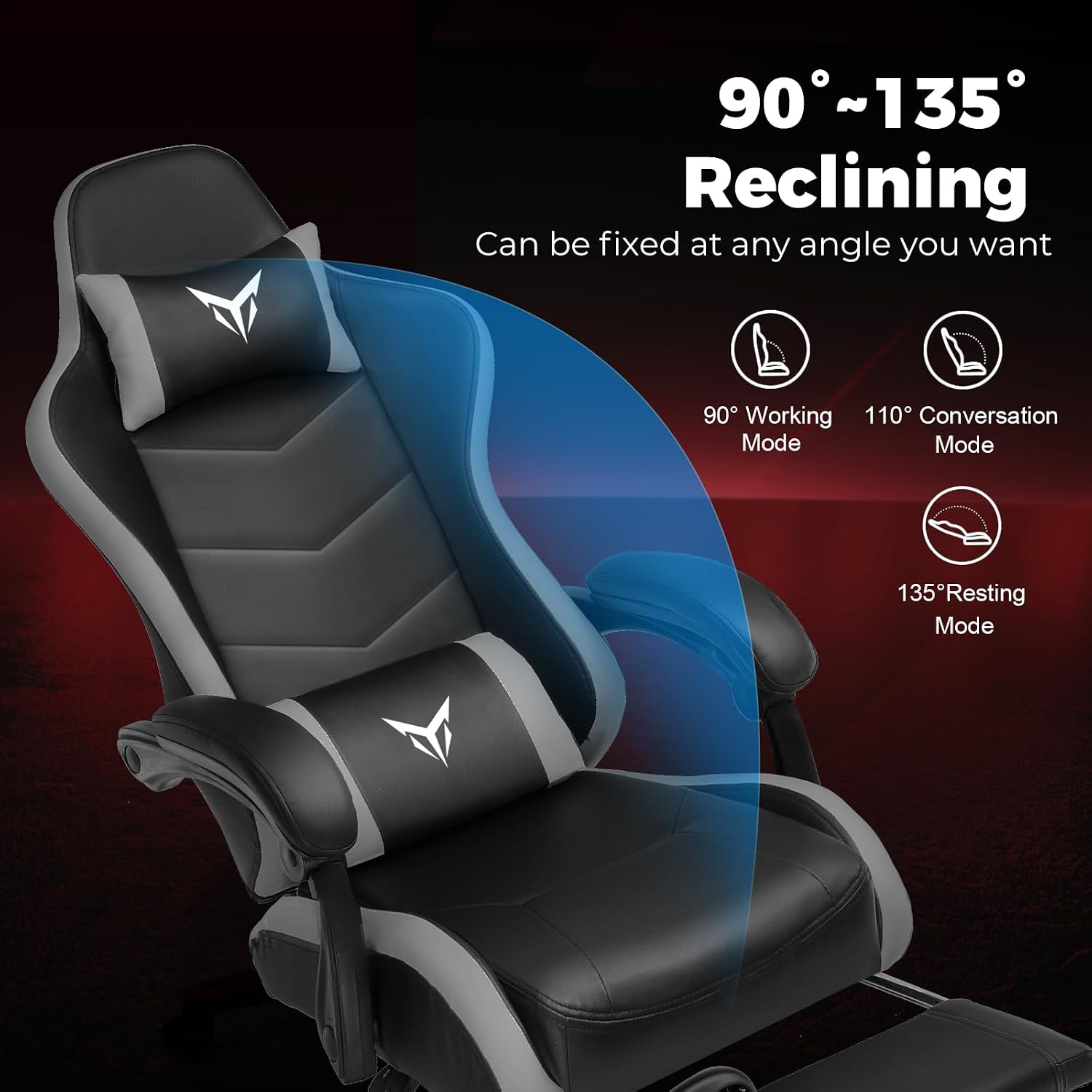 EXRACING Gaming Chair with Footrest, Ergonomic Computer Chair 350lbs High Back for Adults, Height Adjustable Video Game Chair with Headrest and Lumbar Support, 360° Swivel, PU Leather, Grey
