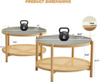 Boho Rattan Coffee Table Set of 2, Round Glass Living Room Table Set, Modern Simple 2 Tier Middle Center Table for Small Space Living Room Bedroom Office Meeting Room
