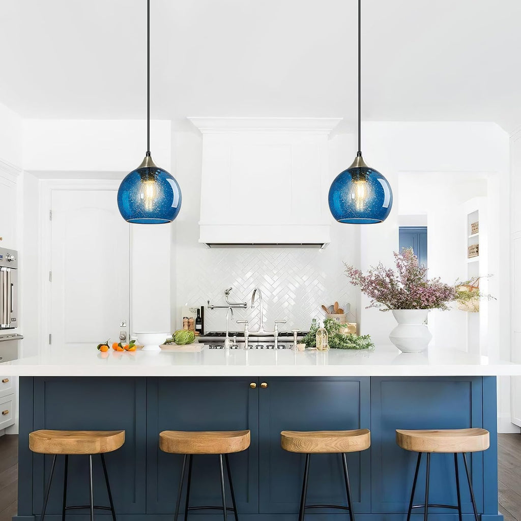 Blue Glass Pendant Lights Kitchen Island Lighting Globe Pendant Light Fixtures Modern Pendant Lighting for Kitchen Island Bedroom Living Dining Room Light Fixture(5.9in, 3-Pack)