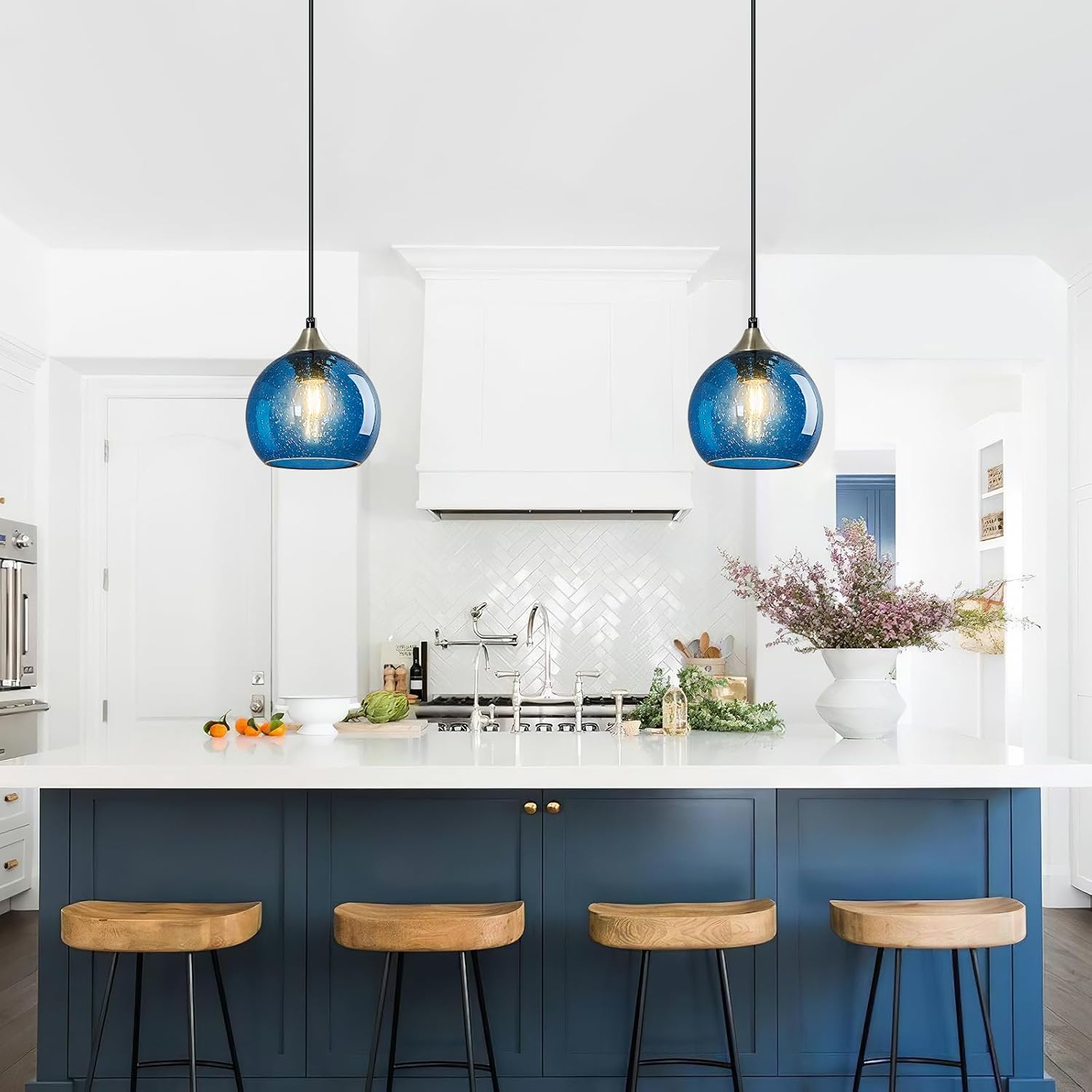 Blue Glass Pendant Lights Kitchen Island Lighting Globe Pendant Light Fixtures Modern Pendant Lighting for Kitchen Island Bedroom Living Dining Room Light Fixture(5.9in, 3-Pack)