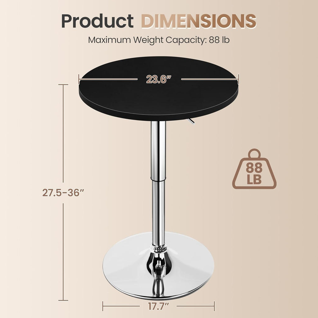 Yaheetech Round Bar Table, Adjustable Height and 360° Swivel Pub Tables, Cocktail Table with MDF Top, Silver Leg Base for Bar, Bistro, Café, Black