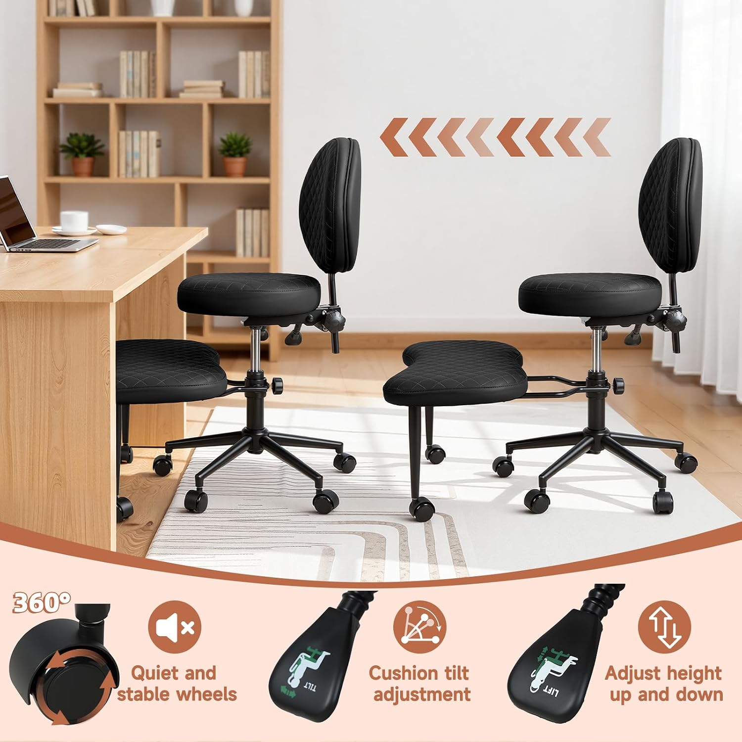 Criss Cross Office Chair with Wheels, Cross Legged Office Chair, Adjustable Height Kneeling Chair for Meditation Yoga Home Office with Backrest, 360° Rotating Footrest (Black)