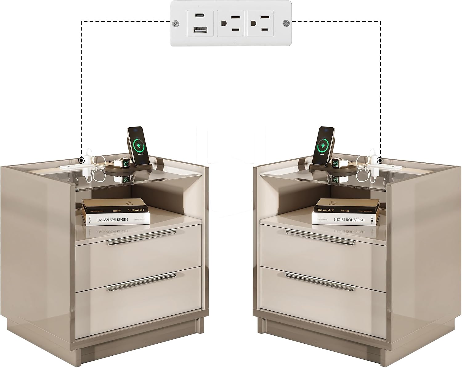 AMERLIFE 23.6" Nightstand Set of 2, Modern Bedside Table, Cream & Grey | High Gloss End Table, Night Stand with Charging Station, 2 Drawers & Open Shelf, Glass Top, Easy Assembly, Bedroom Storage