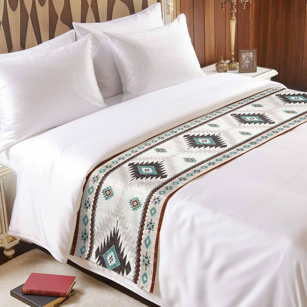 Turquoise Beige Boho Bed Runner King Size, Vintage Ethnic Tribal Southwestern Bed Scarf Protector Slipcover for Bedroom Wedding Room Hotel, Bedding Runner Throws for Foot of Beds 94"x20"