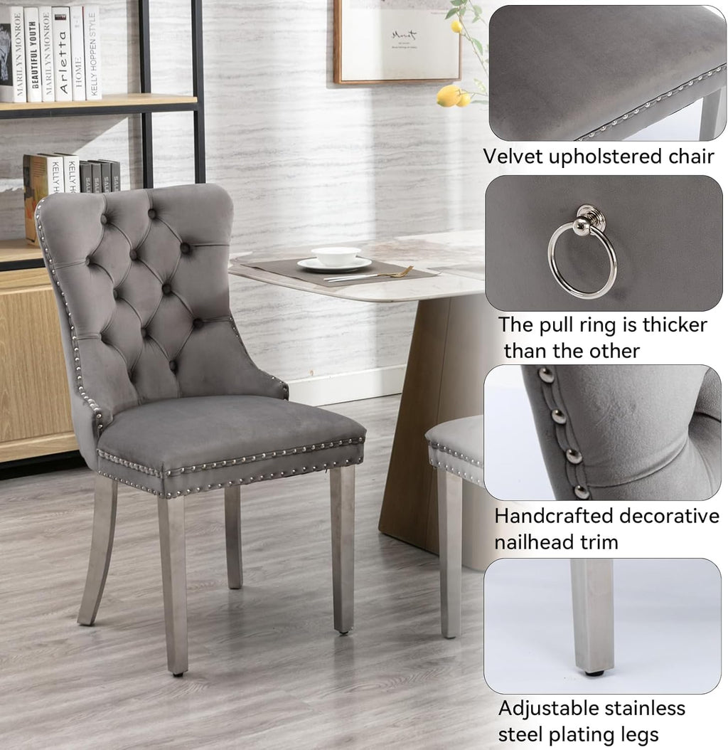 63"-78.74" White Faux Marble Extendable Dining Room Table Set for 6, 7-Piece Dining Table Set with 6 Chairs, Rectangle Wooden Expanding Kitchen Table and Grey Upholstered Chairs Set