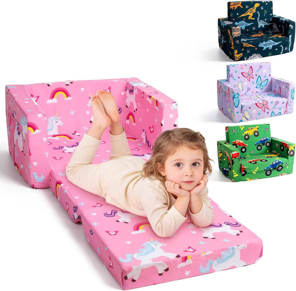 TinyPalsa Foldable Toddler Couch, 30% More Firmness, 2-in-1 Comfy Sofa & Lounger for 3+ Years Old Girls Boys, Space Saving & Easy to Clean Kids Chair for Reading, Playroom (Pink Magical Pony)