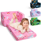 TinyPalsa Foldable Toddler Couch, 30% More Firmness, 2-in-1 Comfy Sofa & Lounger for 3+ Years Old Girls Boys, Space Saving & Easy to Clean Kids Chair for Reading, Playroom (Pink Magical Pony)