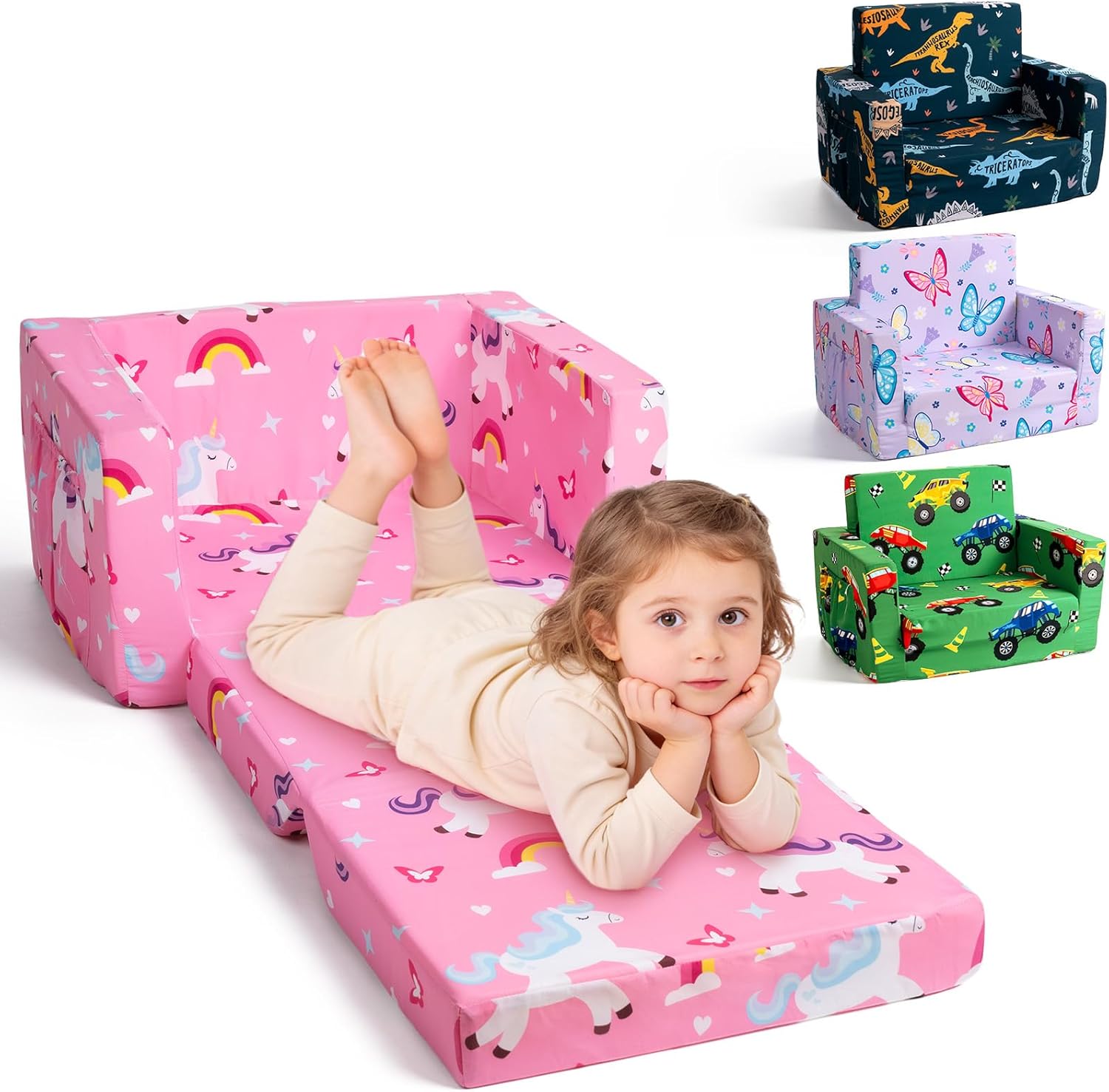 TinyPalsa Foldable Toddler Couch, 30% More Firmness, 2-in-1 Comfy Sofa & Lounger for 3+ Years Old Girls Boys, Space Saving & Easy to Clean Kids Chair for Reading, Playroom (Pink Magical Pony)