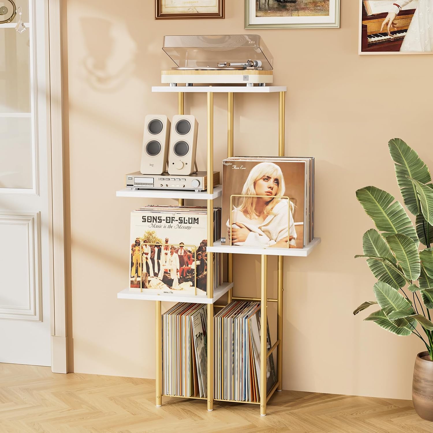 Record Player Stand, Vinyl Record Storage Holder with Display Shelf, Turntable Stand Table with Vinyl Organizer Dividers Album Rack, Vintage Style Record Cabinet Wood, Mid Century Modern Tall Console