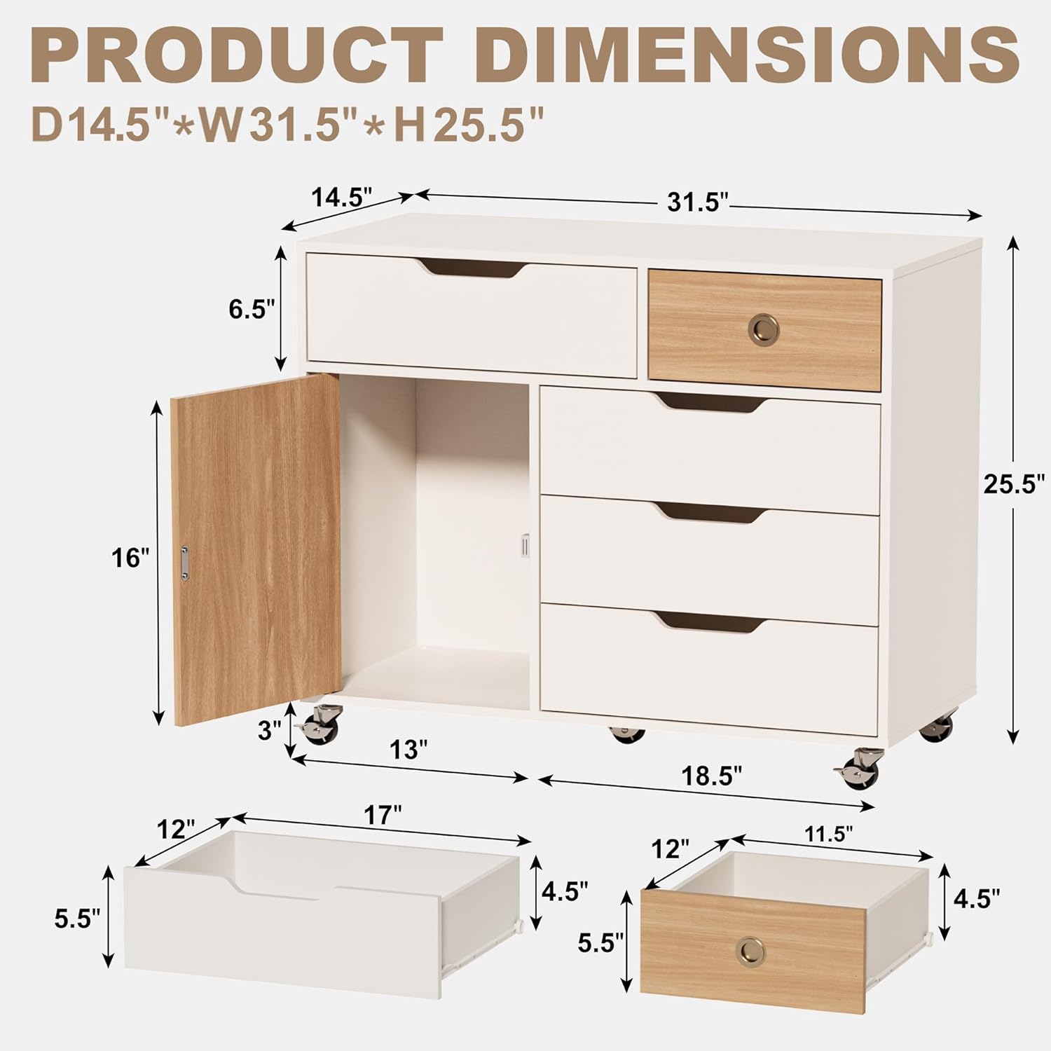 5 Drawers Mobile File Cabinet with Door, Rolling File Cabinet Printer Stand Table Craft Storage Cabinet, Under Desk Wooden Filing Cabinets for Home Office Essentials Storage Organization Furniture